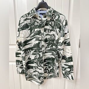 Tommy Hilfiger Graphic Ski Scene Forest Green White Button Up sz XL Olympics
